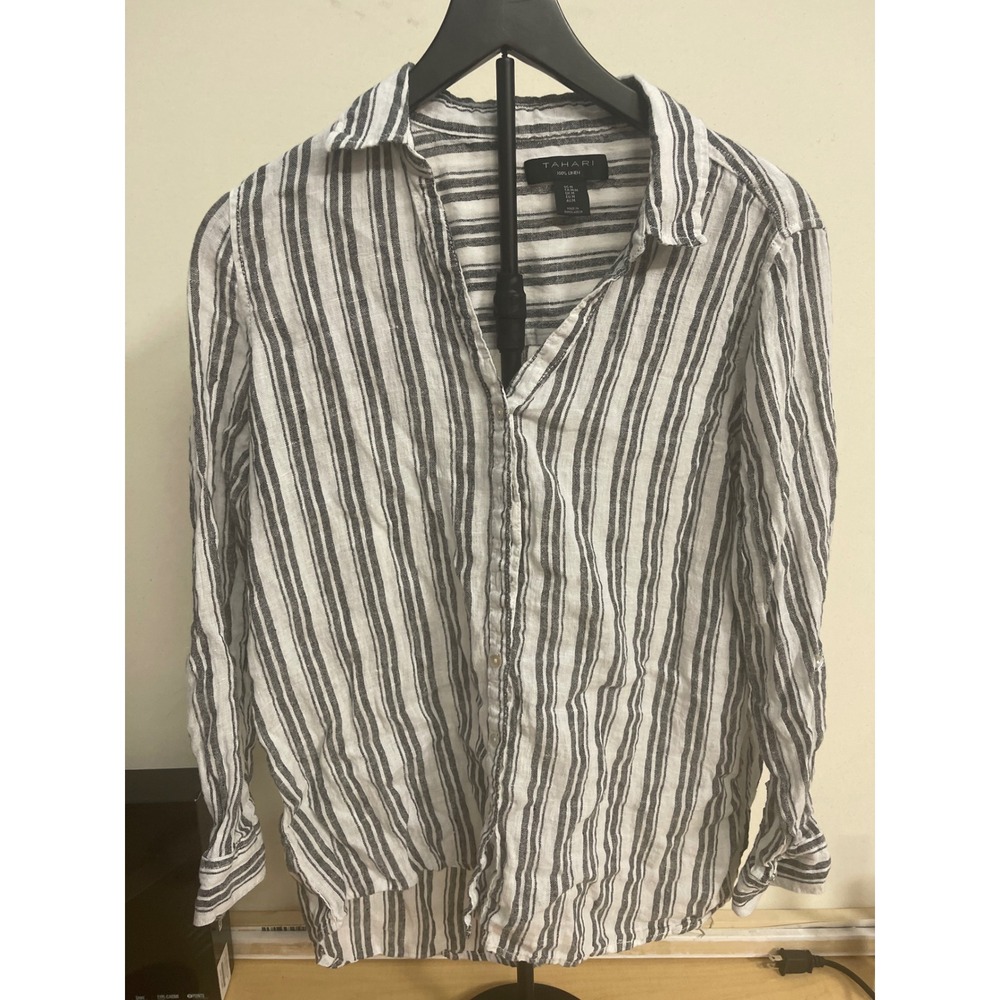 Tahari 100% Linen Striped Button Down Shirt Black White Long Sleeve Medium